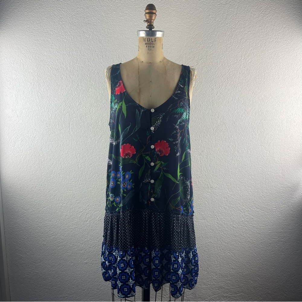 Aerie l M Mixed Print Floral Dot Ruffle Hem Button Bodice Lightweight Tank Dress